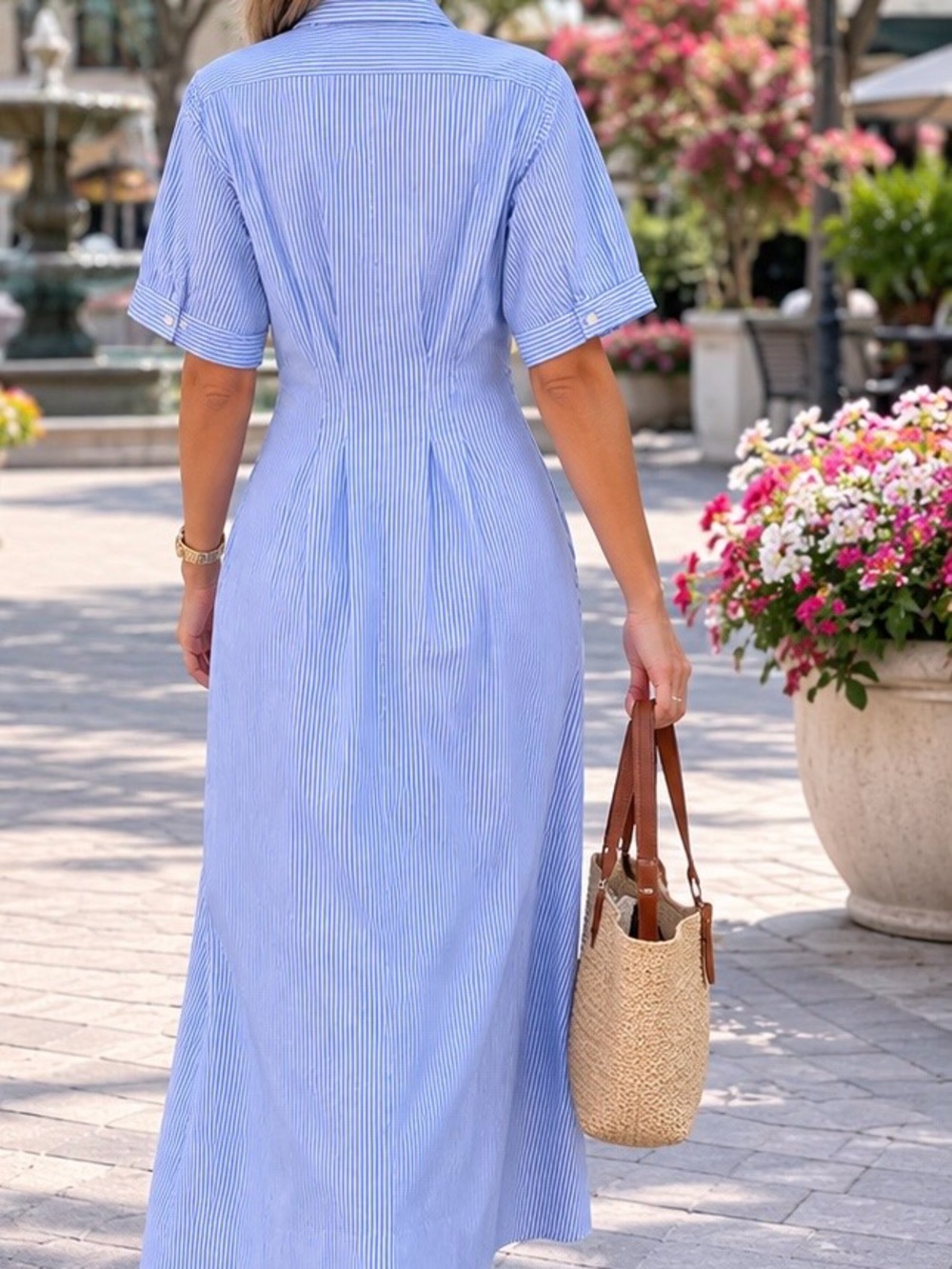 Classic Blue Stripe Button-Front Shirt Dress - Picture 2 of 6